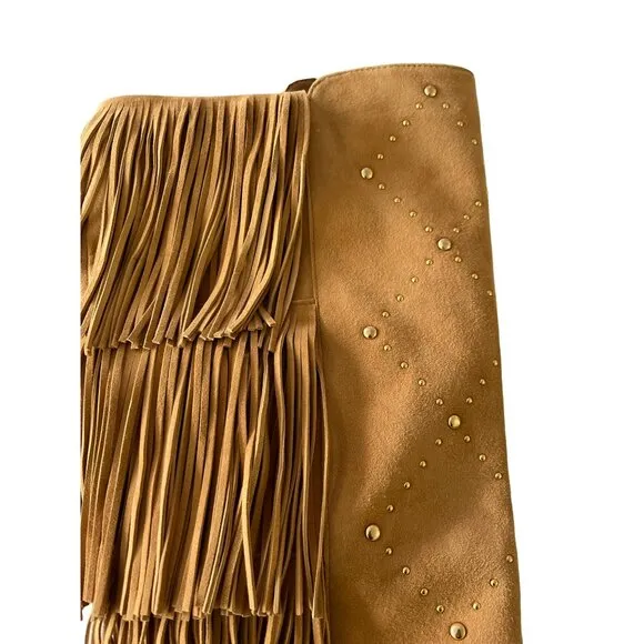 Vince Camuto $269 Panaryaz Knee Tan Gold Stud Fringe Knee High Boot NEW