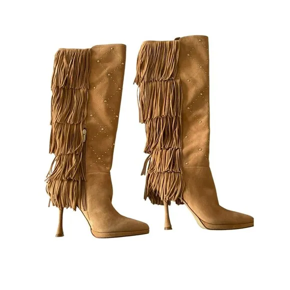 Vince Camuto $269 Panaryaz Knee Tan Gold Stud Fringe Knee High Boot NEW