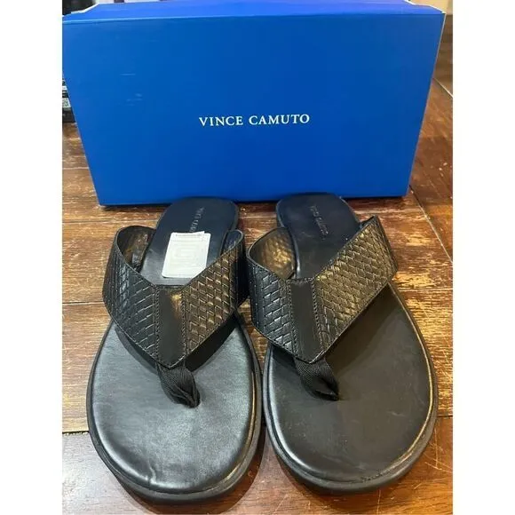 Vince Camuto Mens Black Woven Padded Waylyn Open Toe Slip On Leather Sandals
