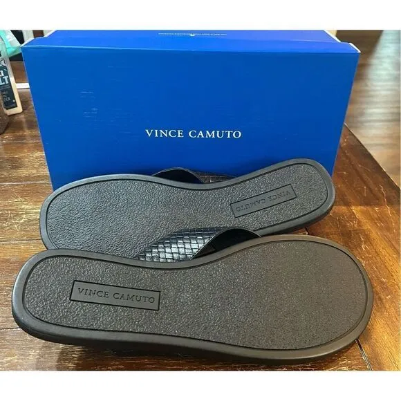 Vince Camuto Mens Black Woven Padded Waylyn Open Toe Slip On Leather Sandals