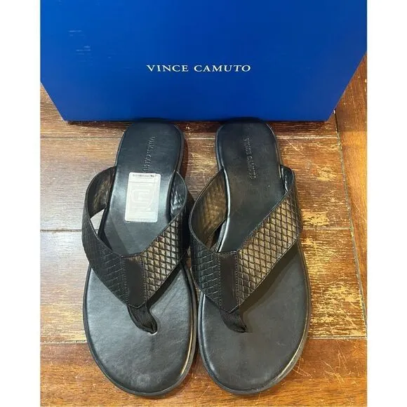 Vince Camuto Mens Black Woven Padded Waylyn Open Toe Slip On Leather Sandals