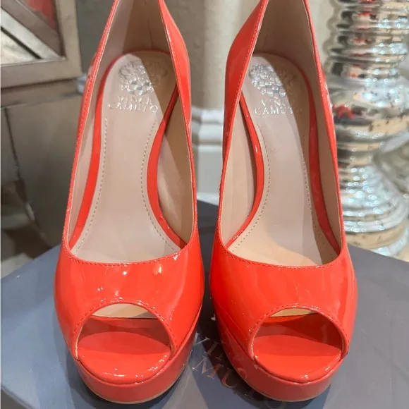 Vince Camuto platform Peep Toe patent leather heels in red orange color