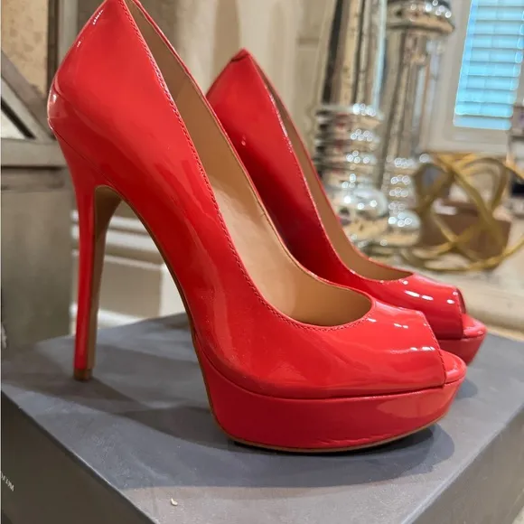 Vince Camuto platform Peep Toe patent leather heels in red orange color