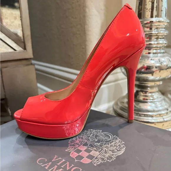Vince Camuto platform Peep Toe patent leather heels in red orange color