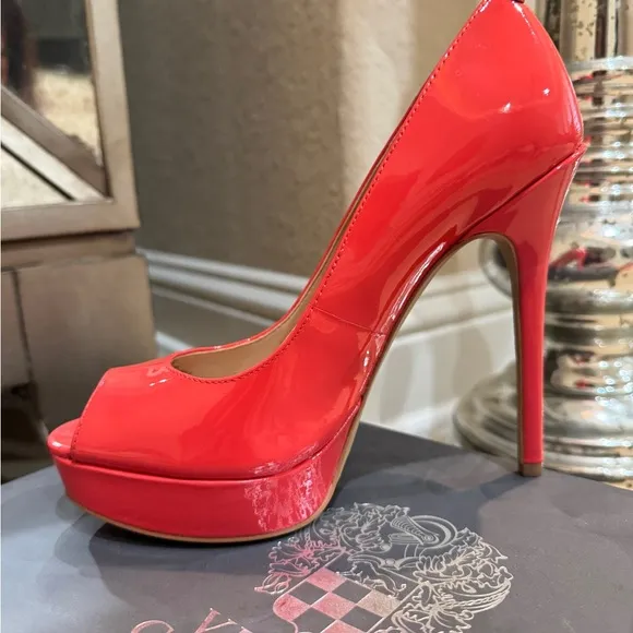 Vince Camuto platform Peep Toe patent leather heels in red orange color
