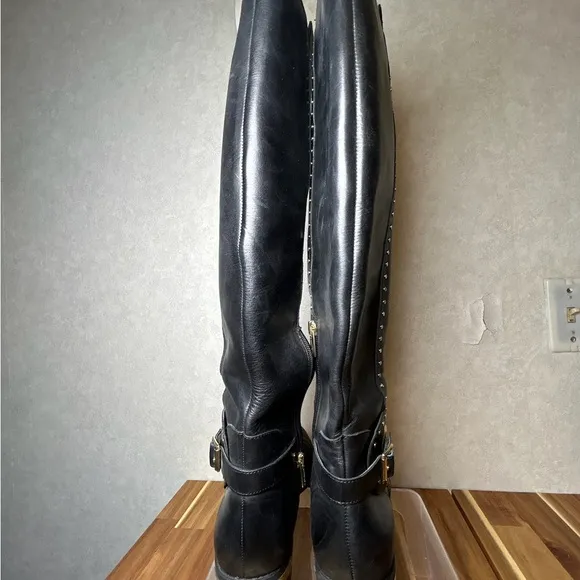 Vince Camuto Poppidal Black Studded Buckle Knee-High Tall Boots Size