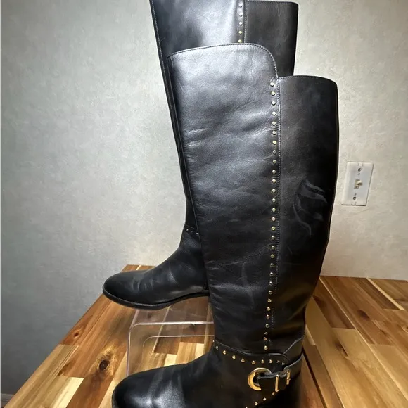 Vince Camuto Poppidal Black Studded Buckle Knee-High Tall Boots Size
