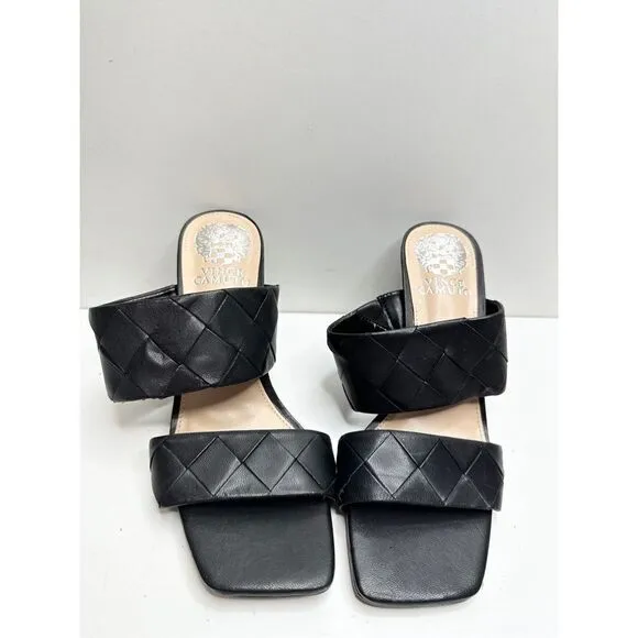 Vince Camuto Sandals Womens Size 6.5 Black Leather Double Strap Woven Heels