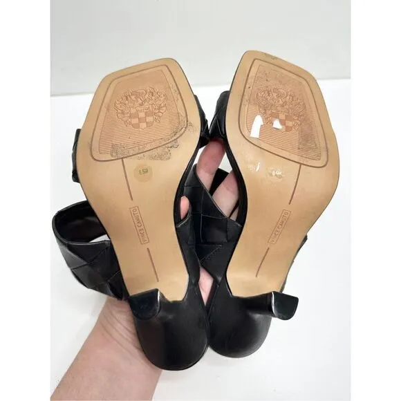 Vince Camuto Sandals Womens Size 6.5 Black Leather Double Strap Woven Heels