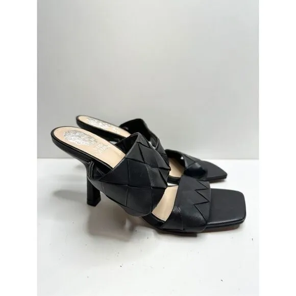 Vince Camuto Sandals Womens Size 6.5 Black Leather Double Strap Woven Heels