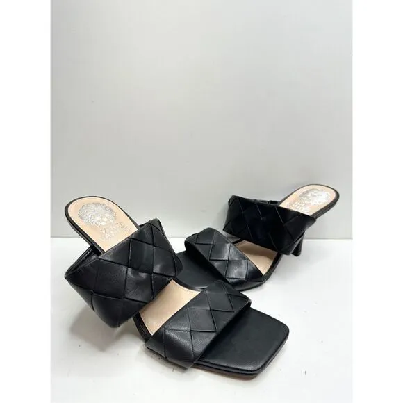 Vince Camuto Sandals Womens Size 6.5 Black Leather Double Strap Woven Heels