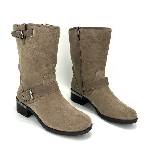 VINCE CAMUTO “WHYLA” TAN LEATHER BLOCK HEEL MID-CALF / MOTO BOOTS
