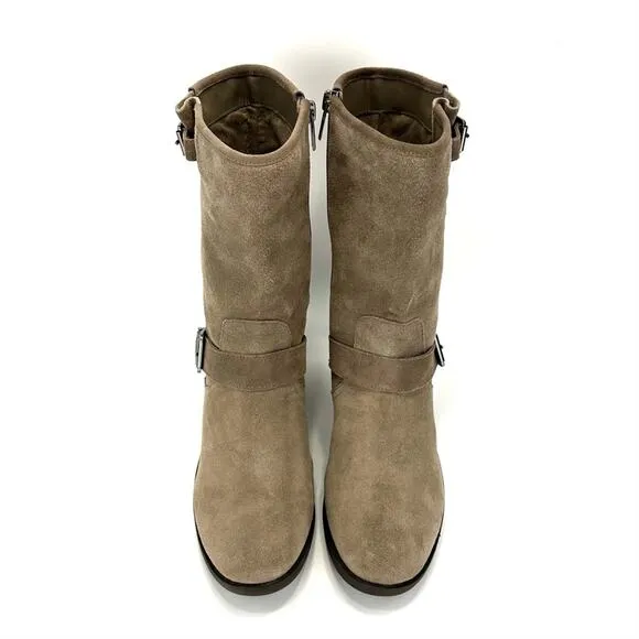 VINCE CAMUTO “WHYLA” TAN LEATHER BLOCK HEEL MID-CALF / MOTO BOOTS