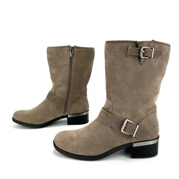 VINCE CAMUTO “WHYLA” TAN LEATHER BLOCK HEEL MID-CALF / MOTO BOOTS