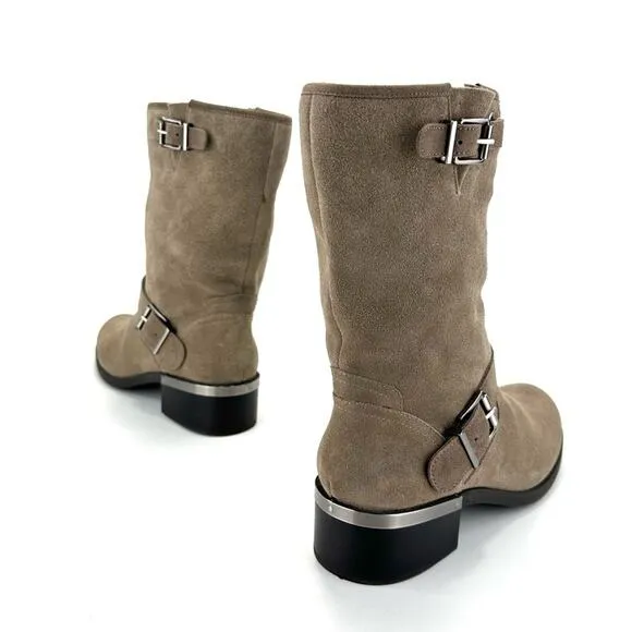 VINCE CAMUTO “WHYLA” TAN LEATHER BLOCK HEEL MID-CALF / MOTO BOOTS