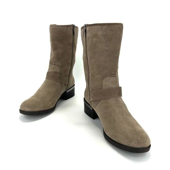 VINCE CAMUTO “WHYLA” TAN LEATHER BLOCK HEEL MID-CALF / MOTO BOOTS