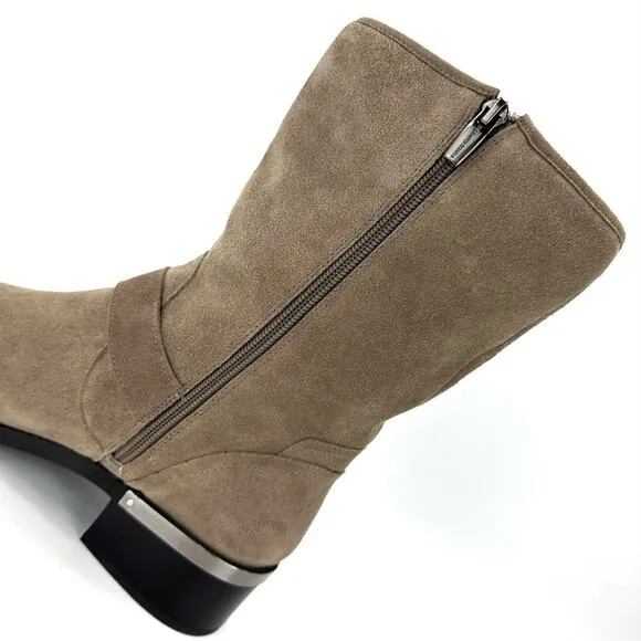 VINCE CAMUTO “WHYLA” TAN LEATHER BLOCK HEEL MID-CALF / MOTO BOOTS