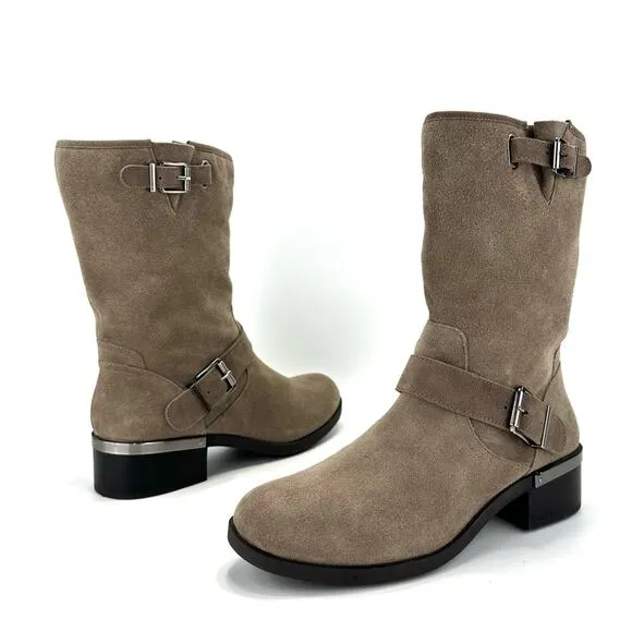 VINCE CAMUTO “WHYLA” TAN LEATHER BLOCK HEEL MID-CALF / MOTO BOOTS