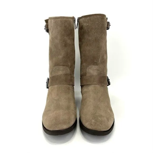 VINCE CAMUTO “WHYLA” TAN LEATHER BLOCK HEEL MID-CALF / MOTO BOOTS