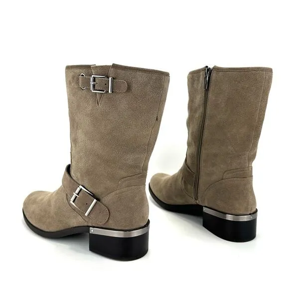 VINCE CAMUTO “WHYLA” TAN LEATHER BLOCK HEEL MID-CALF / MOTO BOOTS