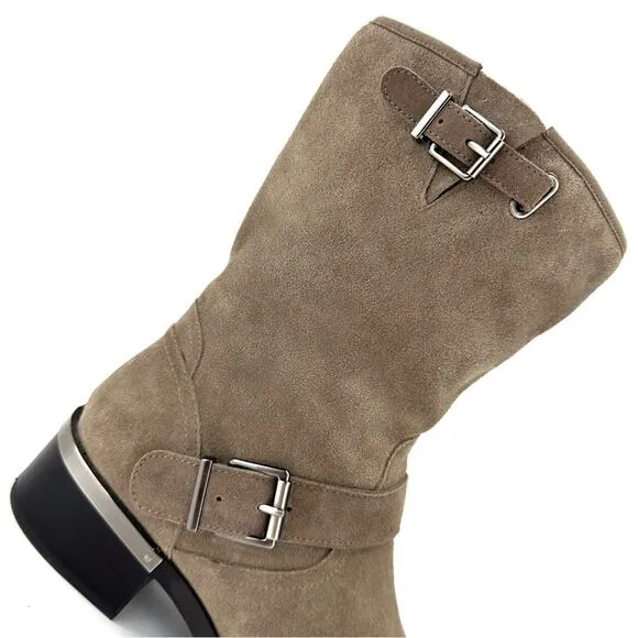 VINCE CAMUTO “WHYLA” TAN LEATHER BLOCK HEEL MID-CALF / MOTO BOOTS