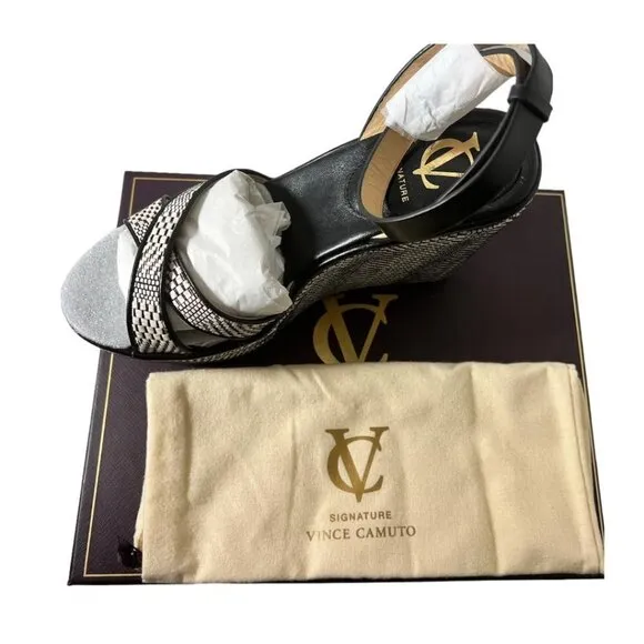Vince Camuto Womens Black Tan Leather Open Toe Wedge Platform Sandals Sz 8.5 NIB