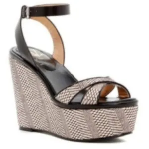 Vince Camuto Womens Black Tan Leather Open Toe Wedge Platform Sandals Sz 8.5 NIB