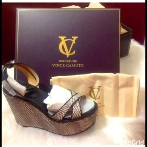Vince Camuto Womens Black Tan Leather Open Toe Wedge Platform Sandals Sz 8.5 NIB