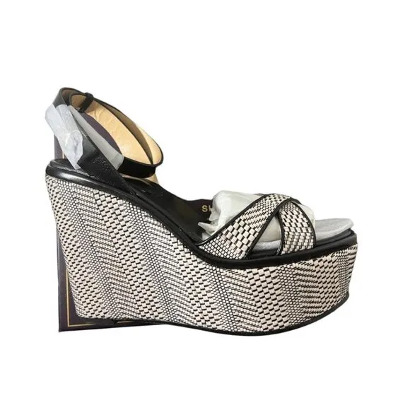Vince Camuto Womens Black Tan Leather Open Toe Wedge Platform Sandals Sz 8.5 NIB
