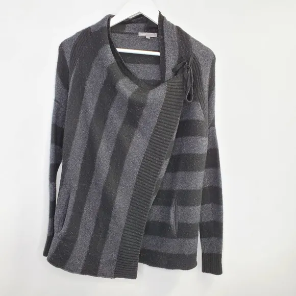 Vince Cashmere Alpaca Wool Striped Open Draped Cardigan Black Gray Cozy