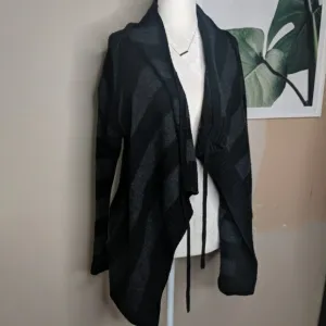 Vince Cashmere Alpaca Wool Striped Open Draped Cardigan Black Gray Cozy