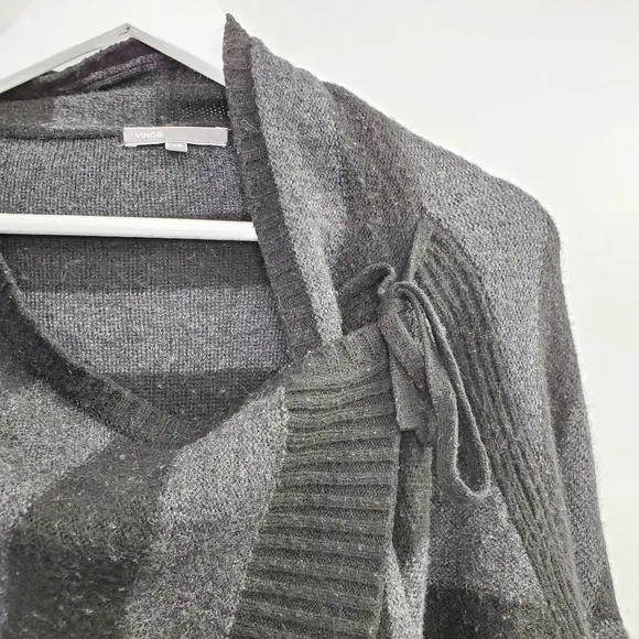 Vince Cashmere Alpaca Wool Striped Open Draped Cardigan Black Gray Cozy