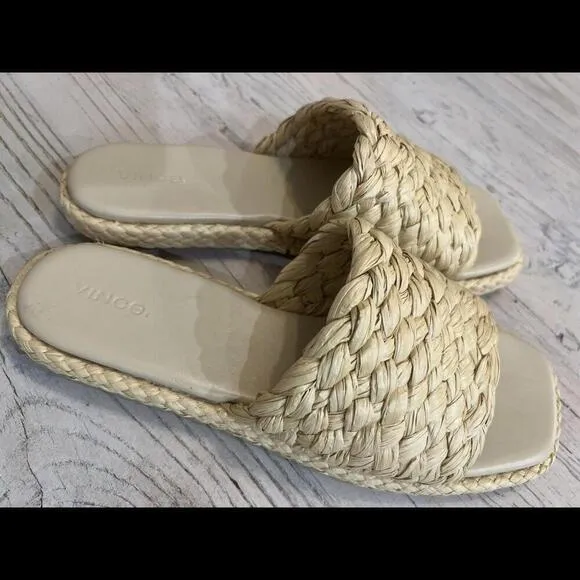 Vince Rumi Raffia Sandals Woven Natural Beige Flats Slides Slip On Sz 11