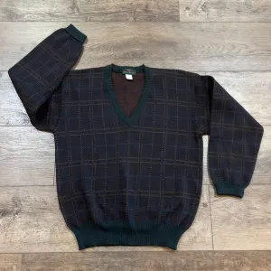 Vintage 1970s Plaid Pure Wool V Neck Sweater - Men's Size Medium