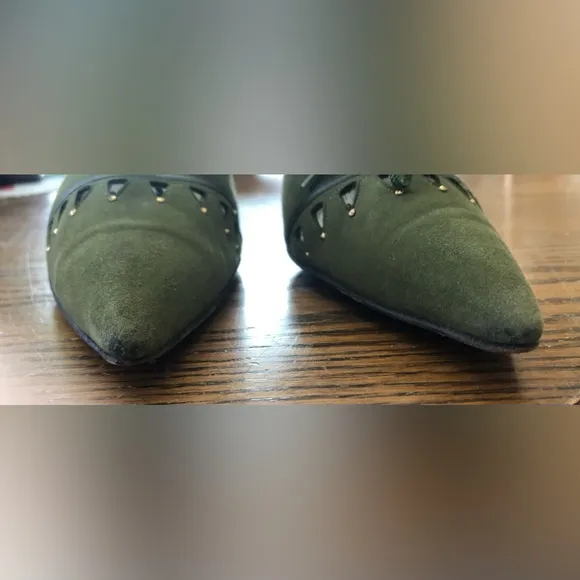 Vintage 60's JOHANSEN Baynham's Olive Green Suede Pointed Toe Heels Shoes Size 8