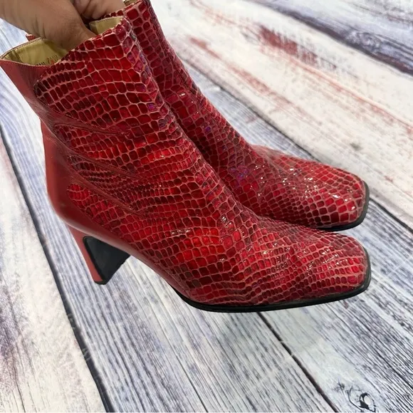 Vintage 90’s Bellini Red Snake Embossed Leather Square Toe Heeled Boots​​