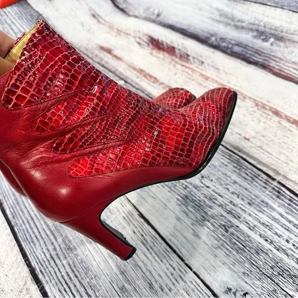 Vintage 90’s Bellini Red Snake Embossed Leather Square Toe Heeled Boots​​