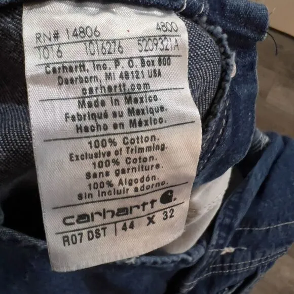 Vintage 90s Carhartt R07DST Blue Denim Bib Overalls - Men's Size 44x32