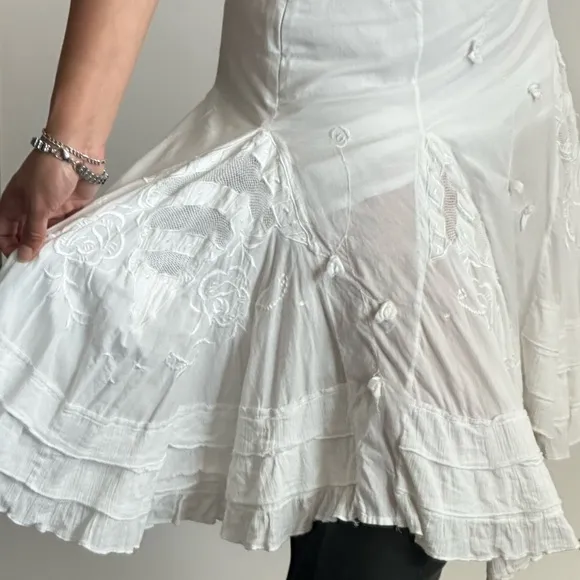VINTAGE 90S DREAMY WHITE COTTON KNEE LENGTH SKIRT A-Line Tiered~38, US Medium