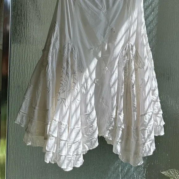 VINTAGE 90S DREAMY WHITE COTTON KNEE LENGTH SKIRT A-Line Tiered~38, US Medium