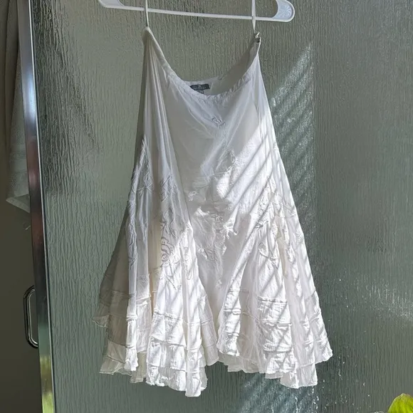 VINTAGE 90S DREAMY WHITE COTTON KNEE LENGTH SKIRT A-Line Tiered~38, US Medium