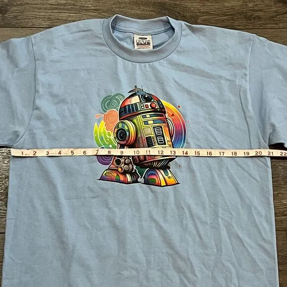 Vintage 90s Pro Club Sky Blue R2-D2 Rainbow T-Shirt Made in USA Men's Size Large