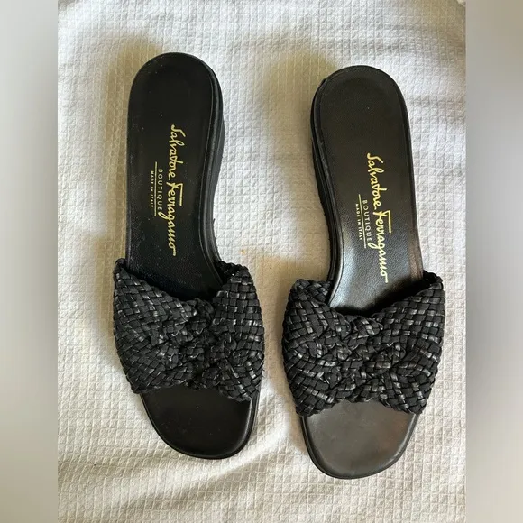 Vintage 90s Salvatore Ferragamo Black Woven Slide Sandals