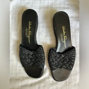 Vintage 90s Salvatore Ferragamo Black Woven Slide Sandals