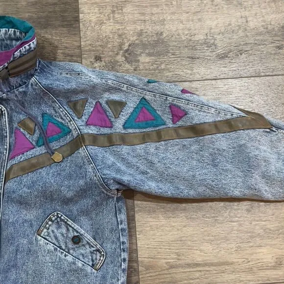 Vintage 90s Weathered Blues Patchwork Aztec Denim Full Zip Jean Jacket - Large