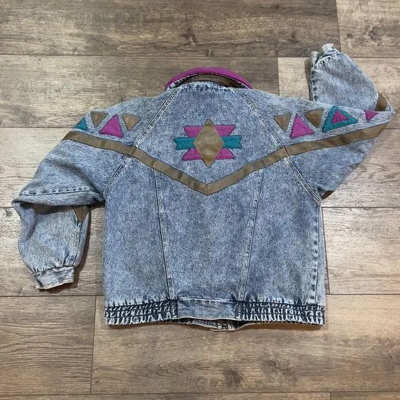 Vintage 90s Weathered Blues Patchwork Aztec Denim Full Zip Jean Jacket - Large