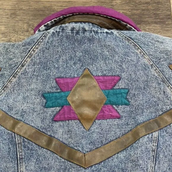 Vintage 90s Weathered Blues Patchwork Aztec Denim Full Zip Jean Jacket - Large