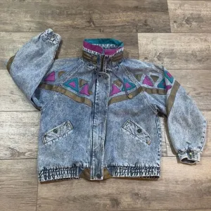 Vintage 90s Weathered Blues Patchwork Aztec Denim Full Zip Jean Jacket - Large
