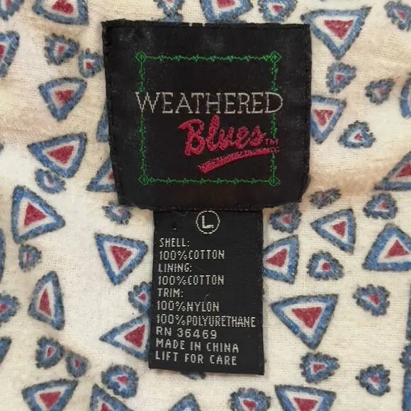 Vintage 90s Weathered Blues Patchwork Aztec Denim Full Zip Jean Jacket - Large