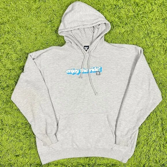 Vintage DC Shoes Skater Funny Saying Enjoy the Ride Baggy Hoodie Sweatshirt Navy